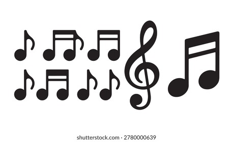 Set of black musical notes including eighth notes, sixteenth notes, and treble clef.