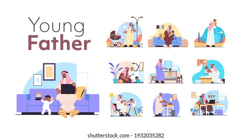 set black muslim arabic father spending time with little baby son fatherhood parenting concept horizontal full length vector illustration