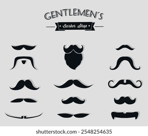 Conjunto de silhuetas de bigode preto com logotipo da barbearia. Vetor em um plano de fundo cinza