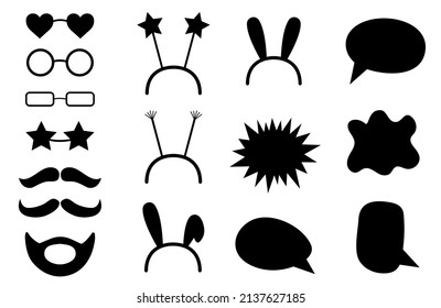 A set of black mustaches, glasses, headbands and speech bubbles. Photo booth party elements. Isolated icons, silhouettes. Vector illustration