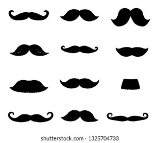 Set of black mustaches isolated on white background. Collection hand drawn mustaches. Vector illustration.