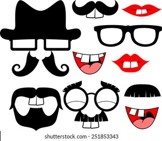 set of black mustaches and lips with big front teeth for funny party props isolated on white background