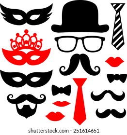 set of black mustaches, lips and silhouettes design elements for party props isolated on white background