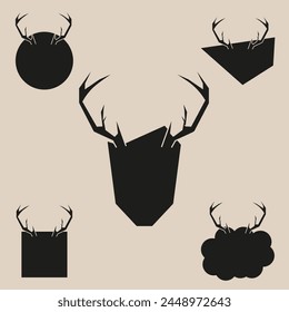 Set black Mystical Doodle artistic frames. Empty Geometry speech bubbles isolated light background. Blank paper text field with antlers. Flat Christmas Speech bubbles design. Vector illustration