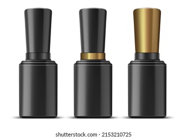 Set of black nail opaque polish bottles. 3D realistic illustration. Isolated on white background. Vector.