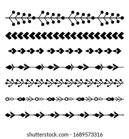 Set of black natural horizontal dividers. Seamless print floral borders with branches and berries. Vector object for invitations, brushes, frames and your creativity.