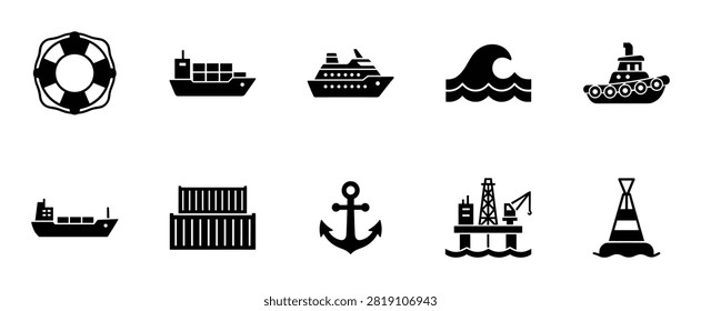Set of black nautical and shipping icons including lifebuoy, cargo ships, cruise ship, sea wave, tugboat, containers, anchor, oil rig, and buoy