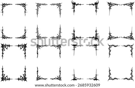 Set of black Neo tribal frames, cyber gothic style symmetrical shape, dark abstract borders