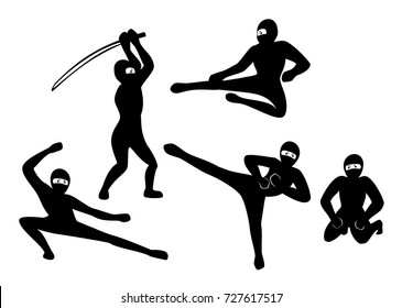 Set of black ninjas on white background. EPS10 vector illustration 