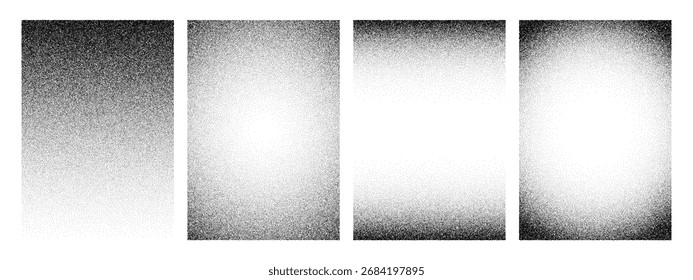Set of black noise grain texture for graphic design. Grunge effect dot pattern for background. Stipple gradient vector on white.