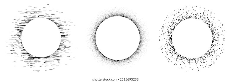Conjunto de colección de puntos punteados de ruido negro. Grunge Stipple símbolo de círculos. Ilustración vectorial.