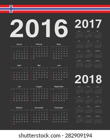 Set of black Norwegian 2016, 2017, 2018 year vector calendars. Week starts from Sunday.