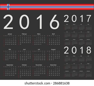 Set of black Norwegian 2016, 2017, 2018 year vector calendars. Week starts from Sunday.