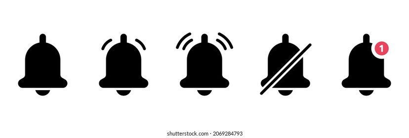 Set of Black Notification Bells and Silent Mode Concept Silhouette Icons. Bell with Red Button. Ringing Doorbells Icons for Mobile Phone App. Notice Symbol on Smartphone. Isolated Vector Illustration.