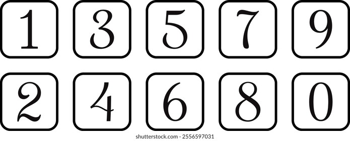 set of black number icon on black outline rounded rectangle vector illustration.
