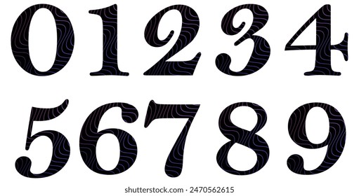 Set of black numbers isolated on white. Alphabet with numbers. Vector graphic elements for design. Abstract pattern with waves. Lines	