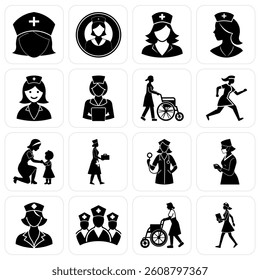 Set of black Nurse silhouette and Medical staff icons. Vector illustration on white background.