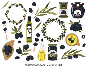 Set of black olives, branches and oil bottles, tinned snack. Olive berries and tree branches with leaves and wreaths on white background.