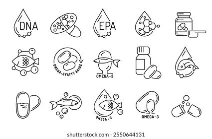 A set of black Omega-3 fatty acid icons. Features fish oil, capsules, and health symbols for heart, brain, skin, and joint support. Line style, editable stroke, vector illustration. Wellness concept.