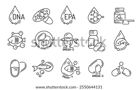 A set of black Omega-3 fatty acid icons. Features fish oil, capsules, and health symbols for heart, brain, skin, and joint support. Line style, editable stroke, vector illustration. Wellness concept.