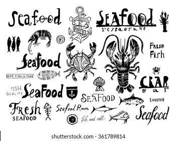 Set of Black on white seafood logo, labels, badges, street signs and design element. Hand drawn collection, vector format