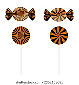 Set black and orange candies. Design element for Halloween, Christmas, New Year, birthday, party. Vector illustration isolated on white background.