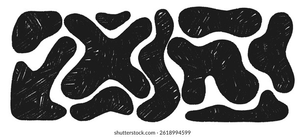 Conjunto de formas líquidas orgânicas negras e formas fluidas desenhadas por um lápis de cera. Várias bolhas, formas irregulares orgânicas com textura lápis. Ilustração vetorial
