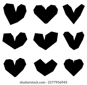 Set of black origami-style heart shapes on a white background. Vector illustration for modern and creative designs.
