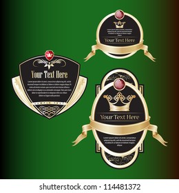 Set of black ornate labels with Gold Tapes. Grouped for easy editing. Perfect for labels or stickers for wine, beer, champagne, cognac, cologne and etc. bow