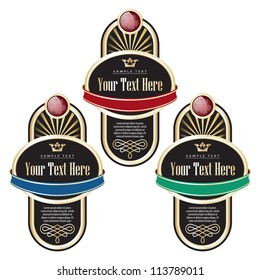 Set of black ornate labels with red, blue and green ribbon. Grouped for easy editing. Perfect for labels or stickers for wine, beer, champagne, cognac, cologne and etc.