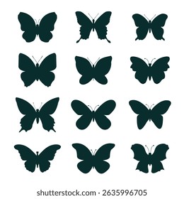 Set black outline butterfly isolated.