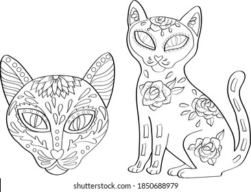 Set black outline cats counturs  Mexican day the dead illustration 