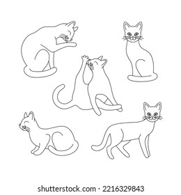 Set black outline cats. Isolated black line lying, standing, sitting, washing cats on white background. Page of coloring book.