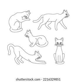 Set of black outline cats. Isolated black line running, sitting, washing, lying, playing cat on white background. Page of coloring book.