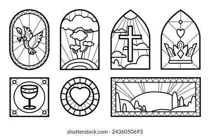 Conjunto de ventanas de iglesia de contorno negro, diferentes formas, ilustración vectorial aislado sobre fondo blanco. Colección de elementos de diseño decorativo, adorno con cruz, corazón, religión