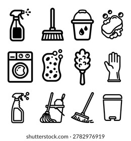 Set of black outline cleaning tools and supplies icons for housekeeping and sanitation with spray bottle, washing machi