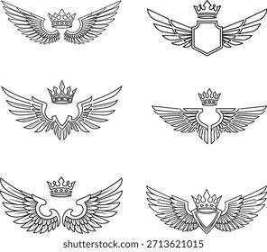 Set of black outline crowns with elegant wings and various shield designs. These decorative vector elements are ideal for creating sophisticated logos, emblems, and insignia for diverse design projects.