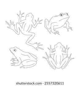 Set of black outline frogs. Isolated black line toads on white background. Page of coloring book.