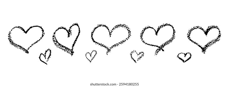 Set of black outline hearts signs drawn by wax pencil. Love symbols in doodle style. Collection of hand drawn kid elements for valentine card or rock, hip hop music poster design. Vector illustration.