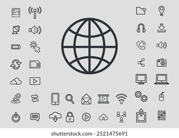 A set of black outline icons for digital connection. UI. Vector on a gray background