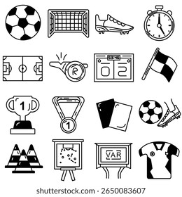 A set of black outline icons representing soccer elements like ball, goal, whistle, trophy, cards, and more. Perfect for UI, sports apps, infographics, and football-related content.