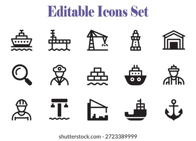 Un conjunto de iconos de contorno negro que representan temas marítimos, industriales y de construcción, incluidos barcos, grúas, edificios y herramientas.