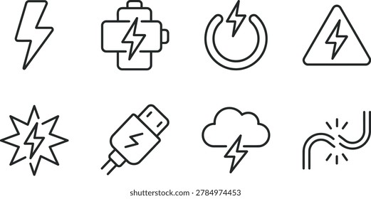 A set of black outline icons representing electrical hazards, power symbols, and warnings, suitable for safety signage, technical illustrations, and educational materials.