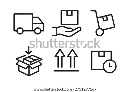 A set of black outline icons representing delivery, logistics, and package handling.