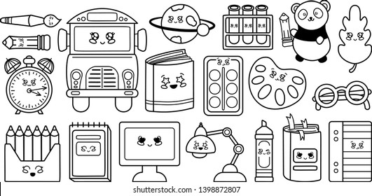 Set of black outline icons - school supplies, back to school, cute cartoon characters - textbook, notebook, pencil, bus, planet. Childrens vector illustration of education and semester.