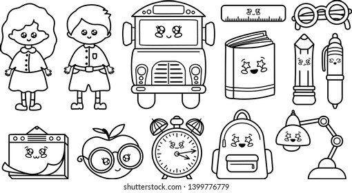 Set of black outline icons - school supplies, back to school, cute cartoon characters - boy and girl, textbook, notebook, pencil, backpack. Childrens vector illustration of education and semester