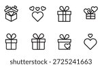 Set of black outline icons showing open and closed presents celebration items and romantic hearts