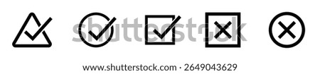Set of black outline icons showing checkmarks and cross marks inside triangles circles and squares representing approval error success failure validation alert and notification concepts