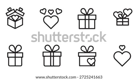 Set of black outline icons showing open and closed presents celebration items and romantic hearts