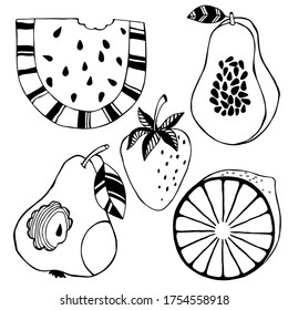 Set black outline illustration of a fruits. Hand drawing vector graphic. Graphic elements for greeting cards, posters, stickers and professional design.Eps 8